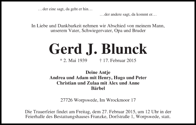 Traueranzeige von Gerd J. Blunck von Wuemme Zeitung