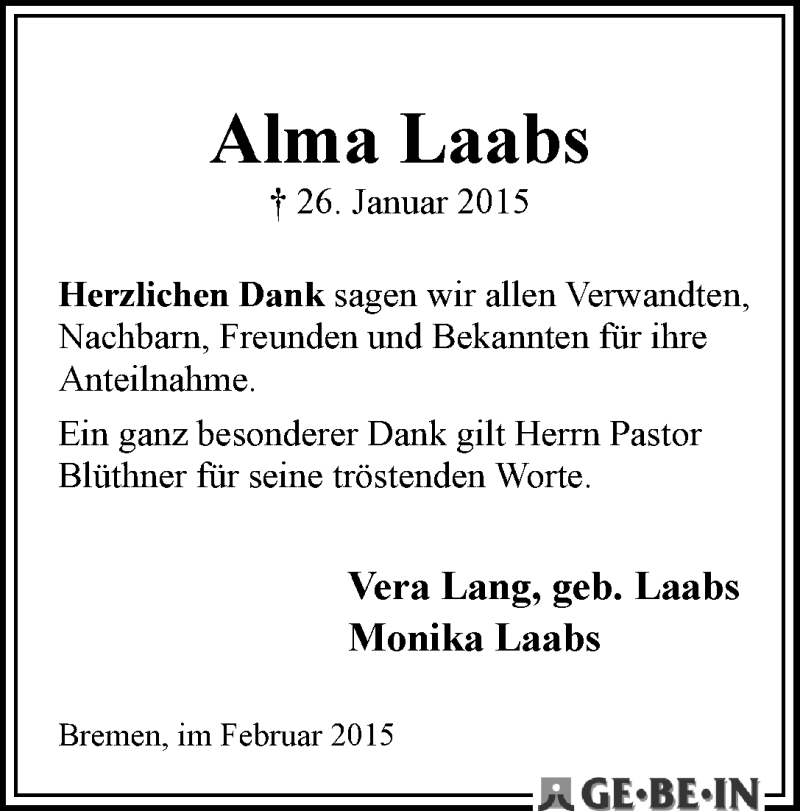 Traueranzeige von Alma Laabs von WESER-KURIER