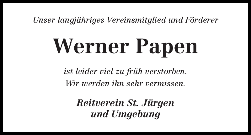  Traueranzeige für Werner Papen vom 20.04.2016 aus Wuemme Zeitung