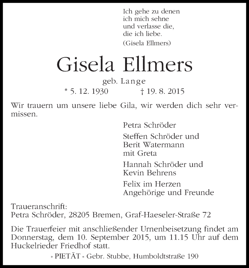 Traueranzeige von Gisela Ellmers von WESER-KURIER
