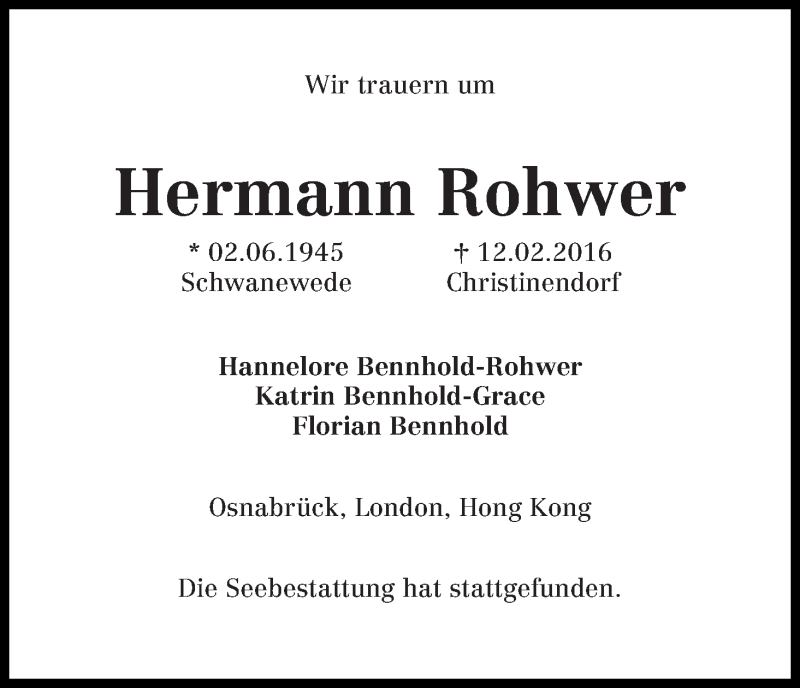  Traueranzeige für Hermann Rohwer vom 16.03.2016 aus Die Norddeutsche