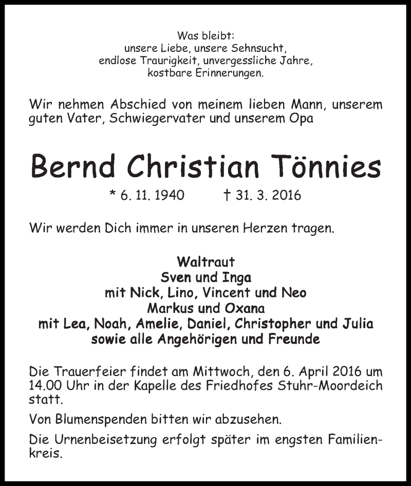 Traueranzeige von Bernd Christian Tönnies von WESER-KURIER