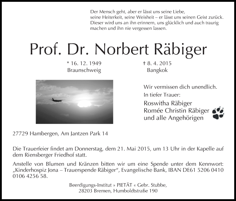  Traueranzeige für Norbert Räbiger vom 09.05.2015 aus WESER-KURIER