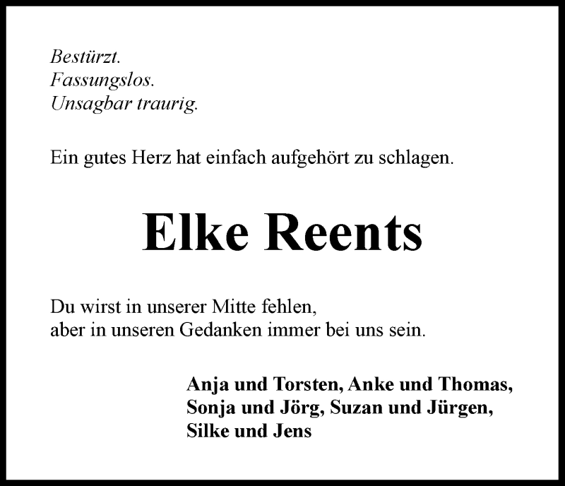  Traueranzeige für Elke Reents vom 15.12.2015 aus WESER-KURIER