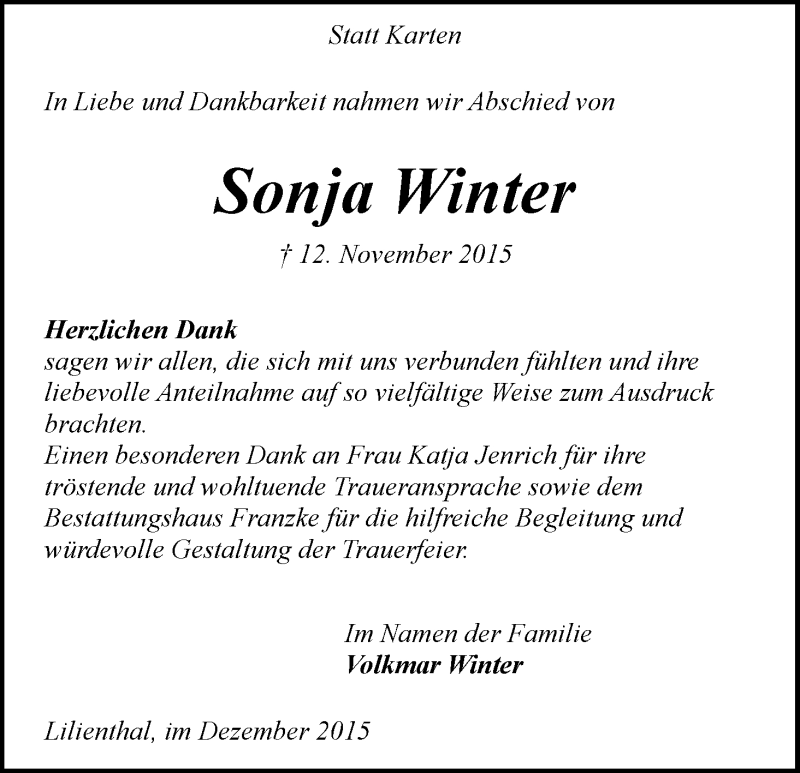 Traueranzeige von Sonja Winter von Wuemme Zeitung