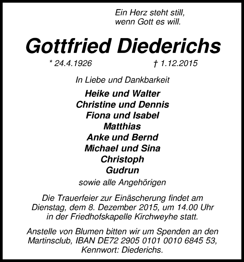 Traueranzeige von Gottfried Diederichs von WESER-KURIER