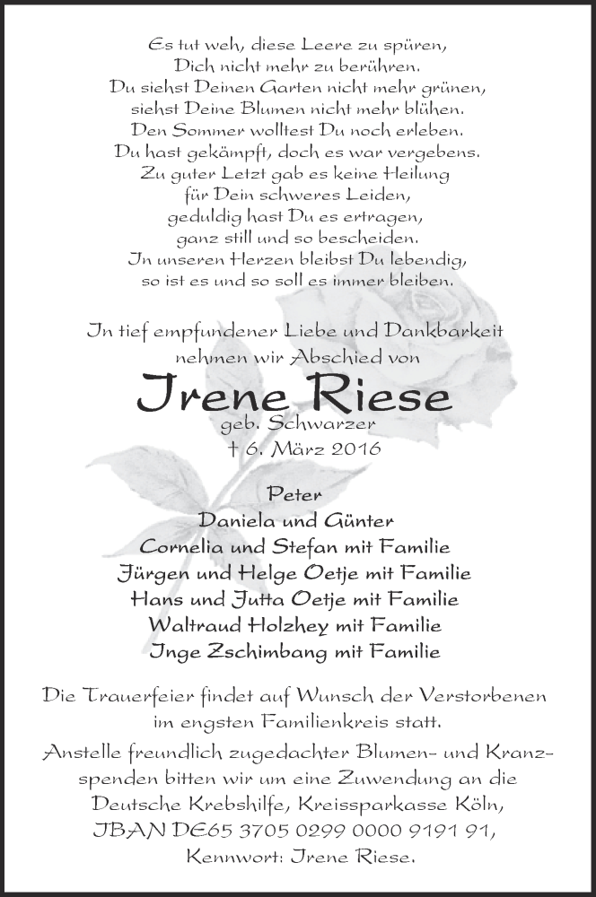 Traueranzeige von Irene Riese von WESER-KURIER