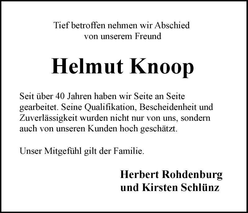 Traueranzeige von Helmut Knoop von Wuemme Zeitung