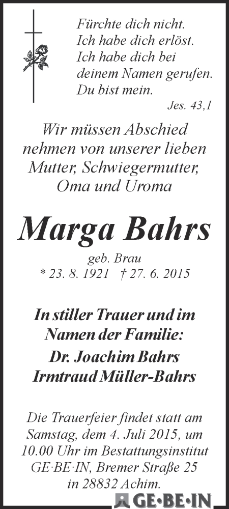 Traueranzeige von Marga Bahrs von WESER-KURIER