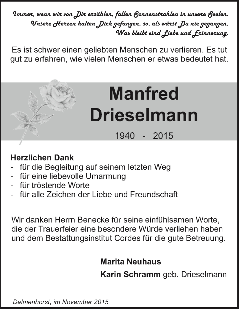 Traueranzeige von Manfred Drieselmann von Die Norddeutsche