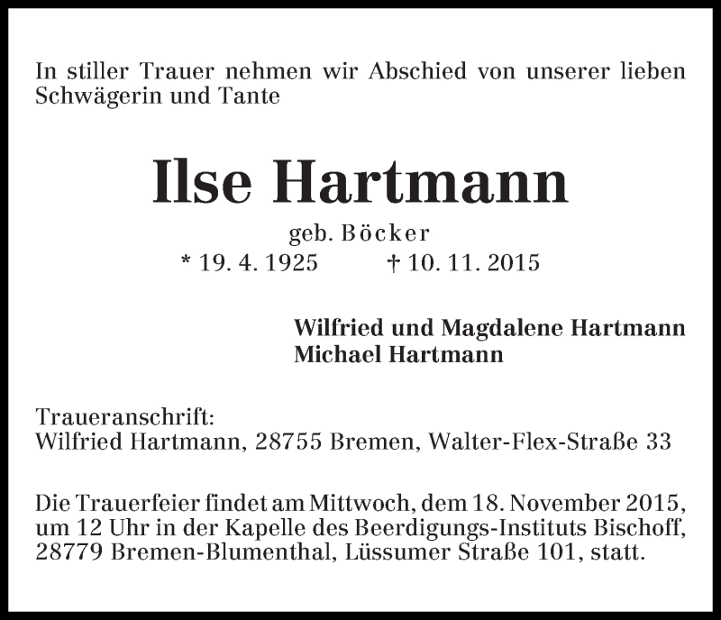 Traueranzeige von Ilse Hartmann von Die Norddeutsche