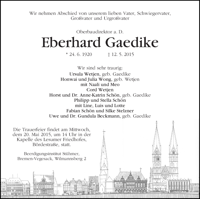 Traueranzeige von Eberhard Gaedike von WESER-KURIER
