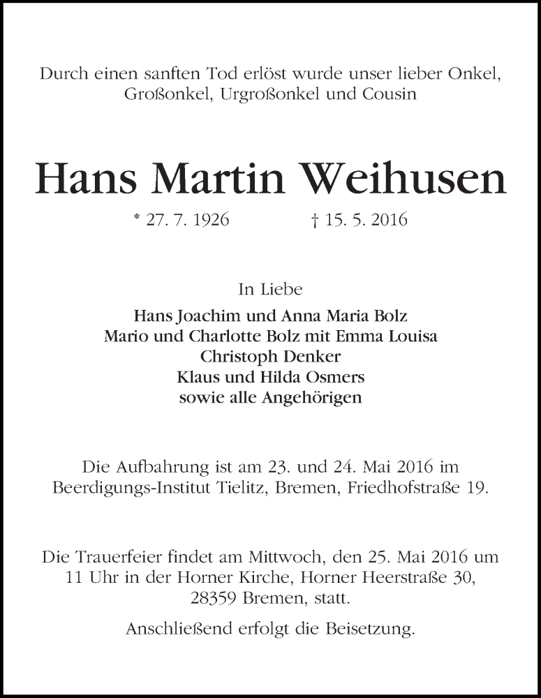 Traueranzeige von Hans Martin Weihusen von WESER-KURIER
