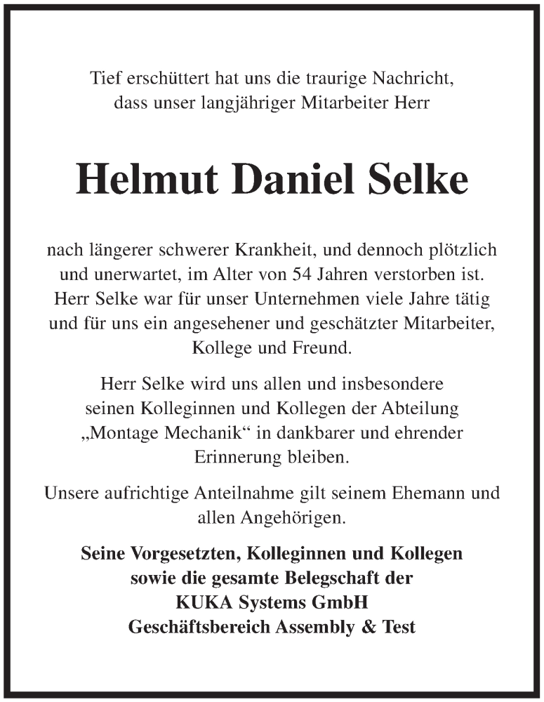 Traueranzeige von Helmut Daniel Selke von WESER-KURIER