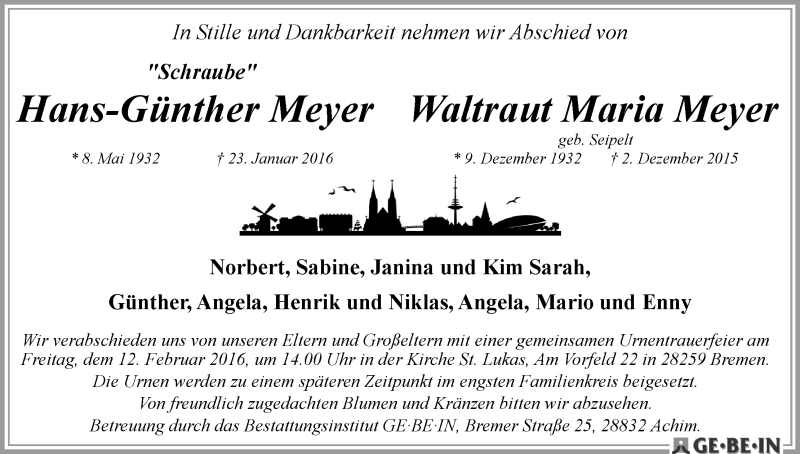Traueranzeige von Hans-Günther und Waltraut Maria Meyer von WESER-KURIER