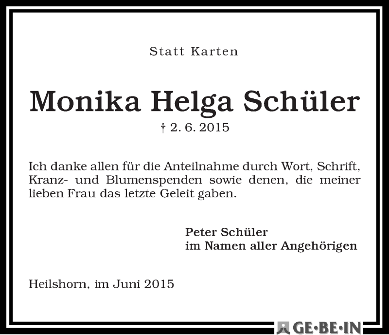 Traueranzeige von Monika Helga Schüler von WESER-KURIER