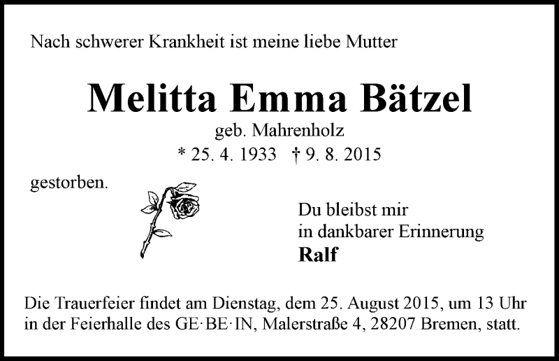 Traueranzeige von Melitta Emma Bätzel von WESER-KURIER