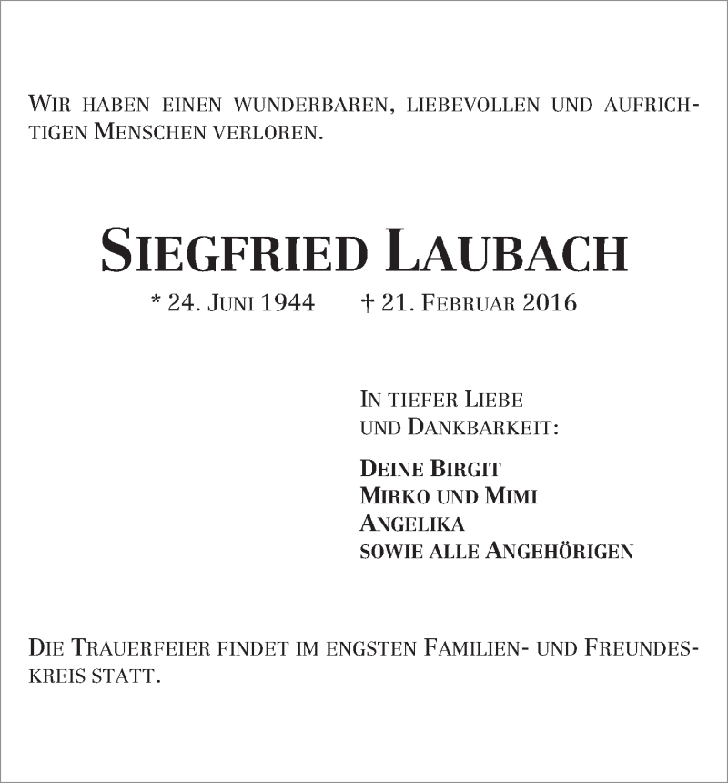 Traueranzeige von Siegfried Laubach von Die Norddeutsche