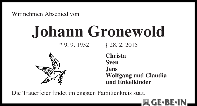 Traueranzeige von Johann Gronewold von WESER-KURIER