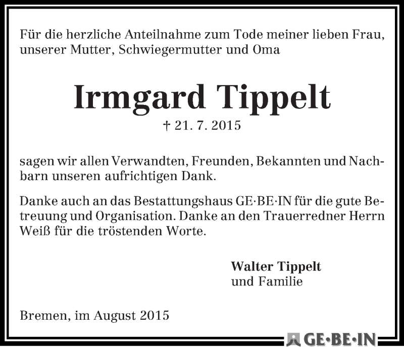 Traueranzeige von Irmgard Tippelt von WESER-KURIER