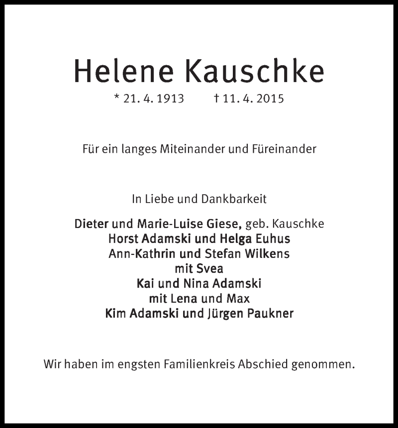 Traueranzeige von Helene Kauschke von Die Norddeutsche