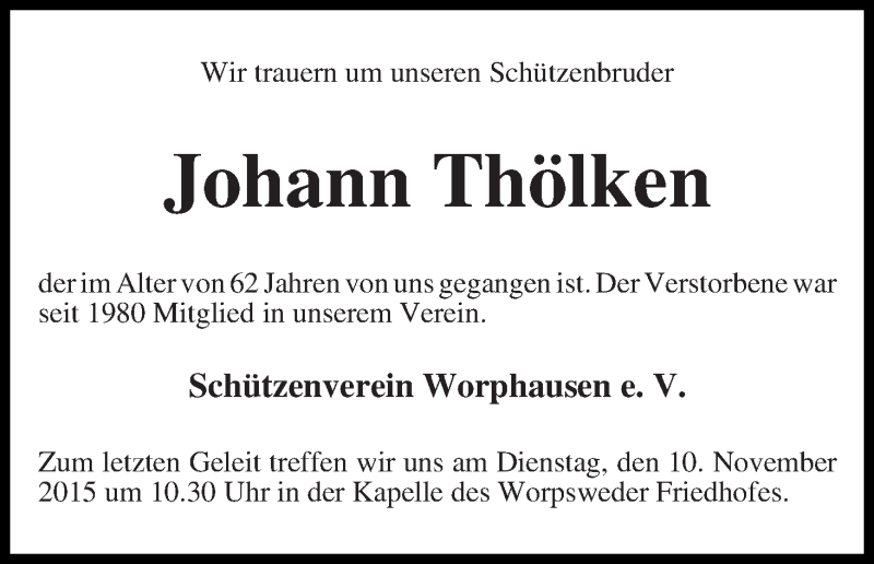 Traueranzeige von Johann Thölken von Wuemme Zeitung