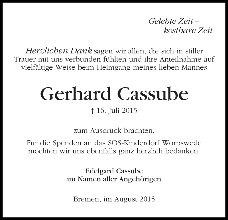 Traueranzeige von Gerhard Cassube von WESER-KURIER