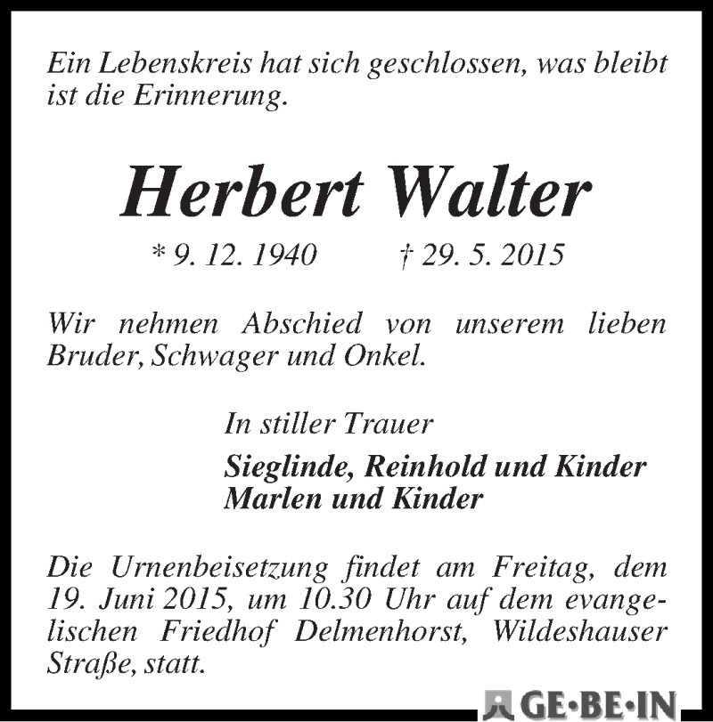 Traueranzeige von Herbert Walter von WESER-KURIER