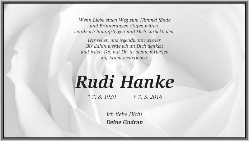 Traueranzeige von Rudi Hanke von WESER-KURIER