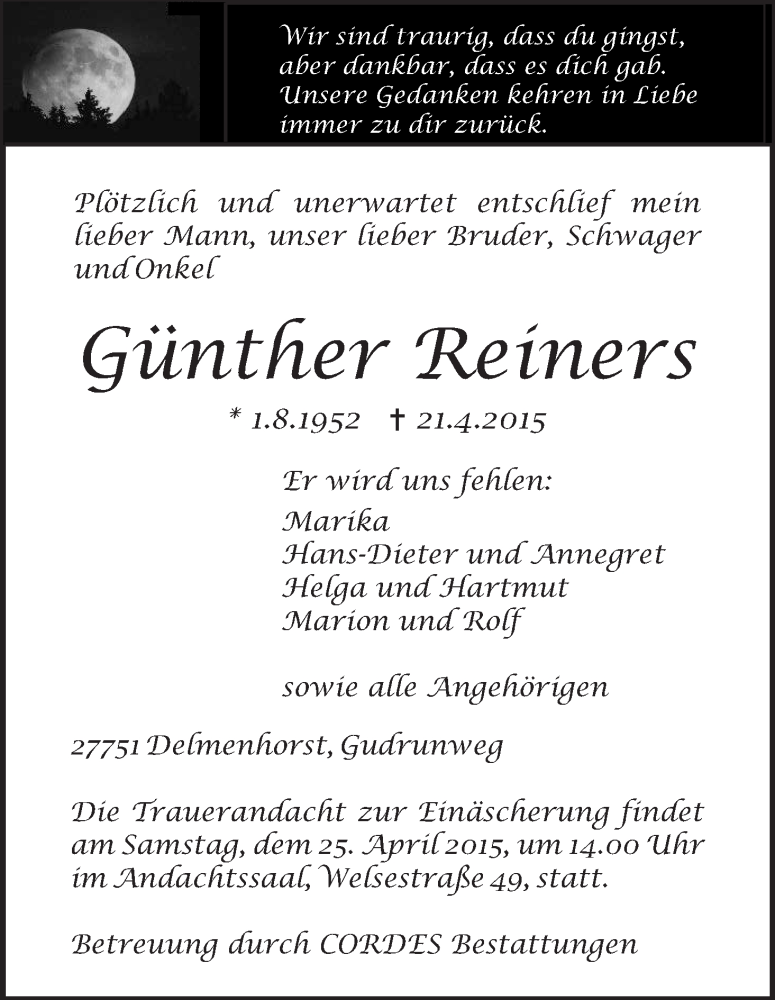 Traueranzeige von Günther Reiners von Delmenhorster Kurier