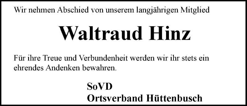 Traueranzeige von Waltraud Hinz von Wuemme Zeitung