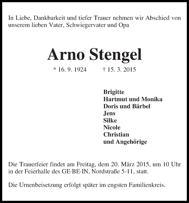 Traueranzeige von Arno Stengel von WESER-KURIER