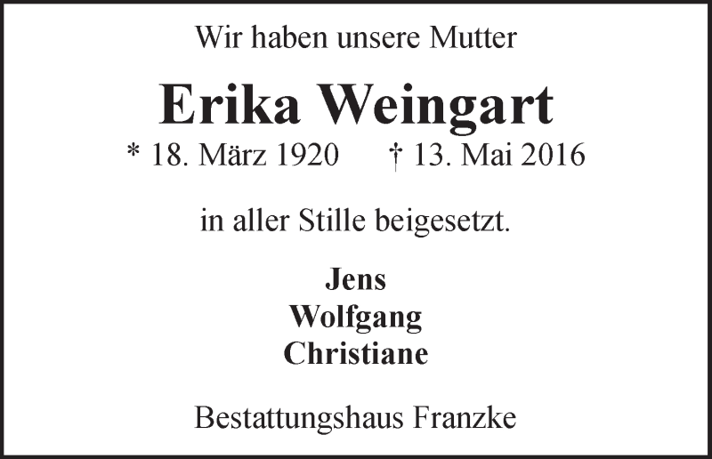 Traueranzeige von Erika Weingart von Wuemme Zeitung