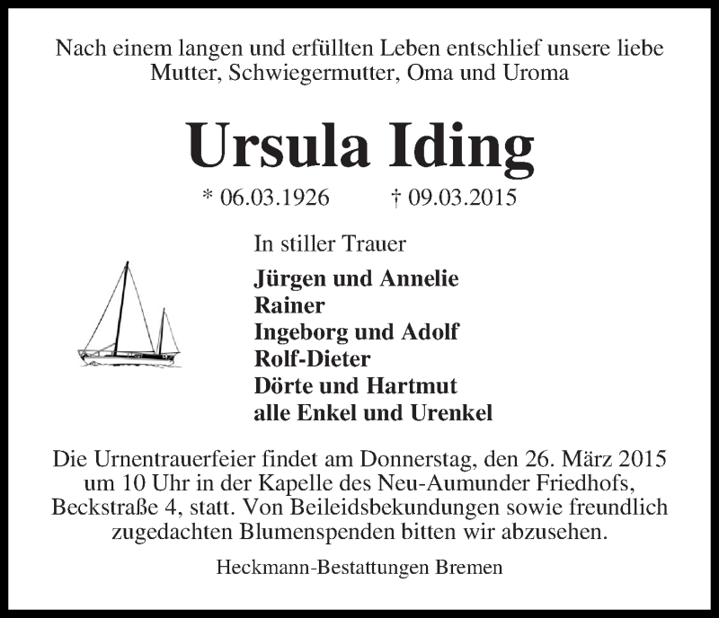 Traueranzeige von Ursula Iding von Die Norddeutsche