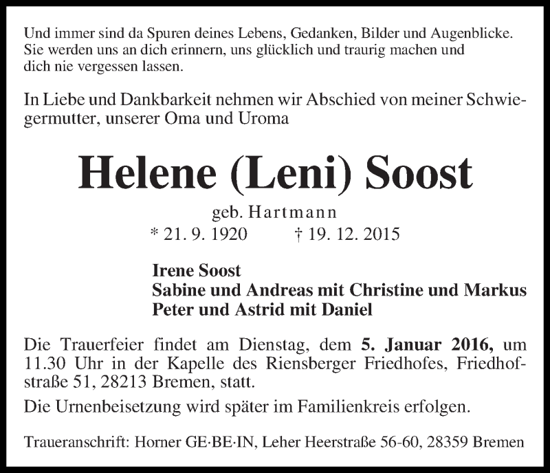 Traueranzeige von Helene (Leni) Soost von WESER-KURIER
