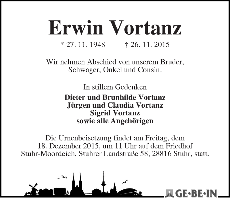 Traueranzeige von Erwin Vortanz von WESER-KURIER