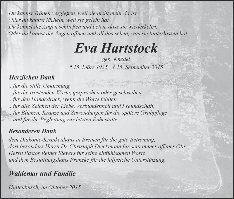 Traueranzeige von Eva Hartstock von Wuemme Zeitung