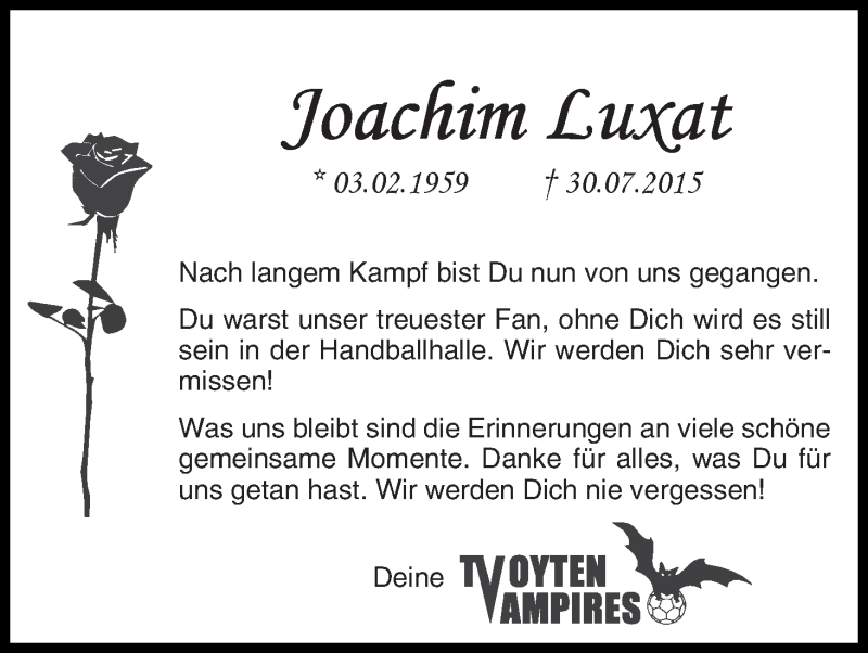  Traueranzeige für Joachim Luxat vom 15.08.2015 aus WESER-KURIER