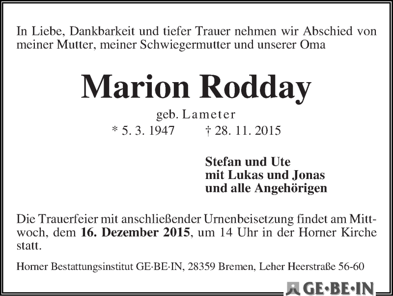 Traueranzeige von Marion Rodday von WESER-KURIER