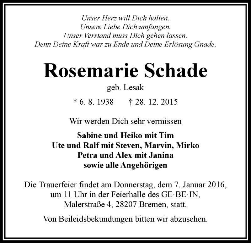 Traueranzeige von Rosemarie Schade von WESER-KURIER