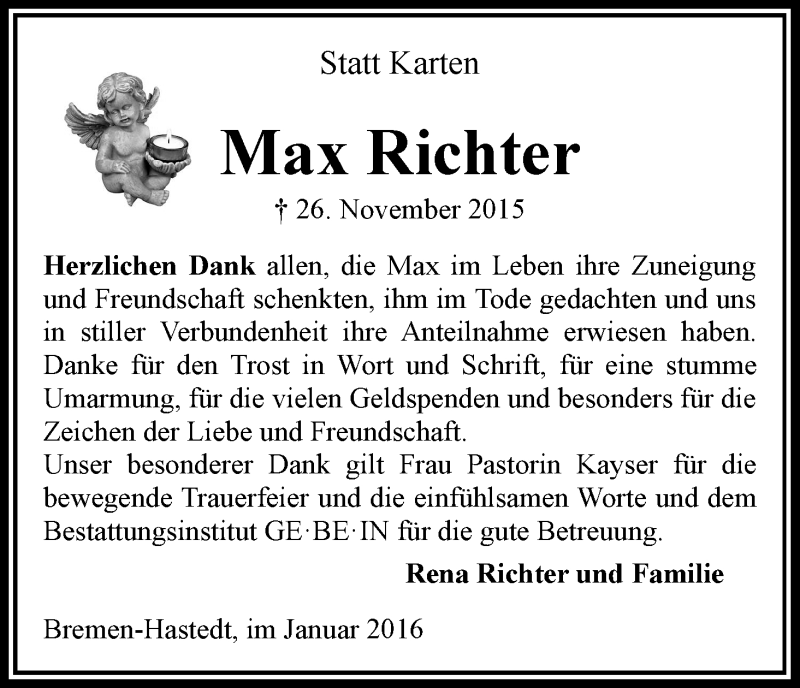 Traueranzeige von Max Richter von WESER-KURIER