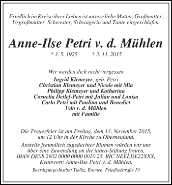 Traueranzeige von Anne-Ilse Petri v. d. Mühlen
