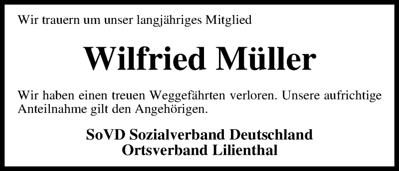  Traueranzeige für Wilfried Müller vom 08.02.2016 aus Wuemme Zeitung