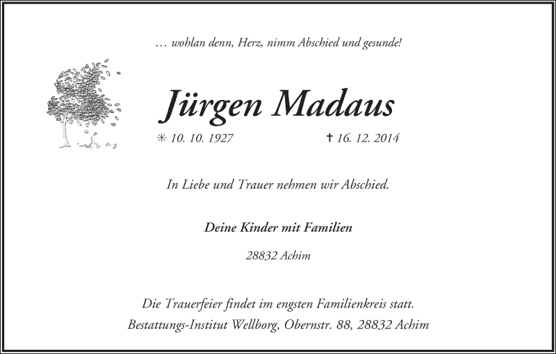 Traueranzeige von Jürgen Madaus von WESER-KURIER