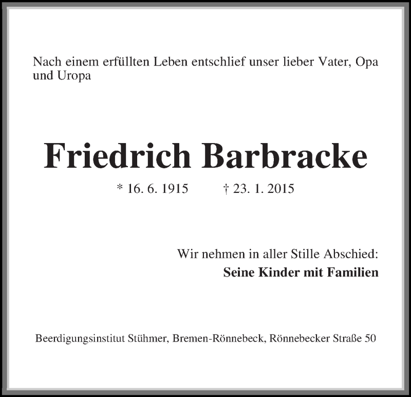 Traueranzeige von Friedrich Barbracke von Die Norddeutsche