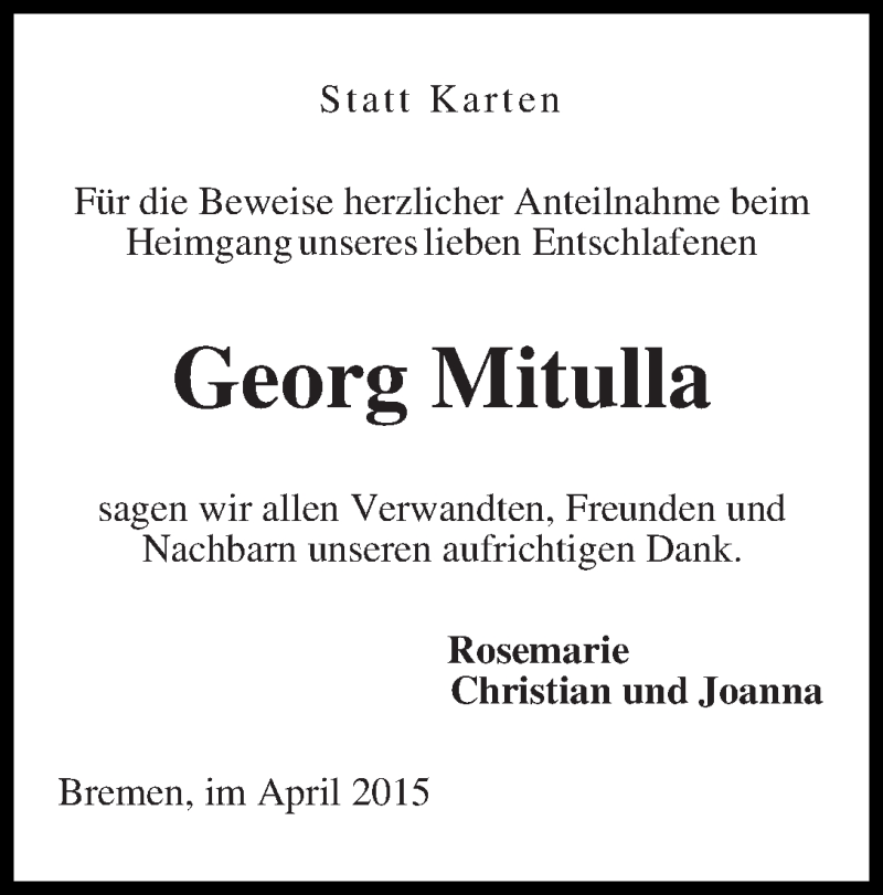 Traueranzeige von Georg Mitulla von Die Norddeutsche