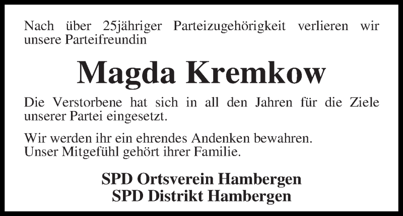Traueranzeige von Magda Kremkow von Osterholzer Kreisblatt