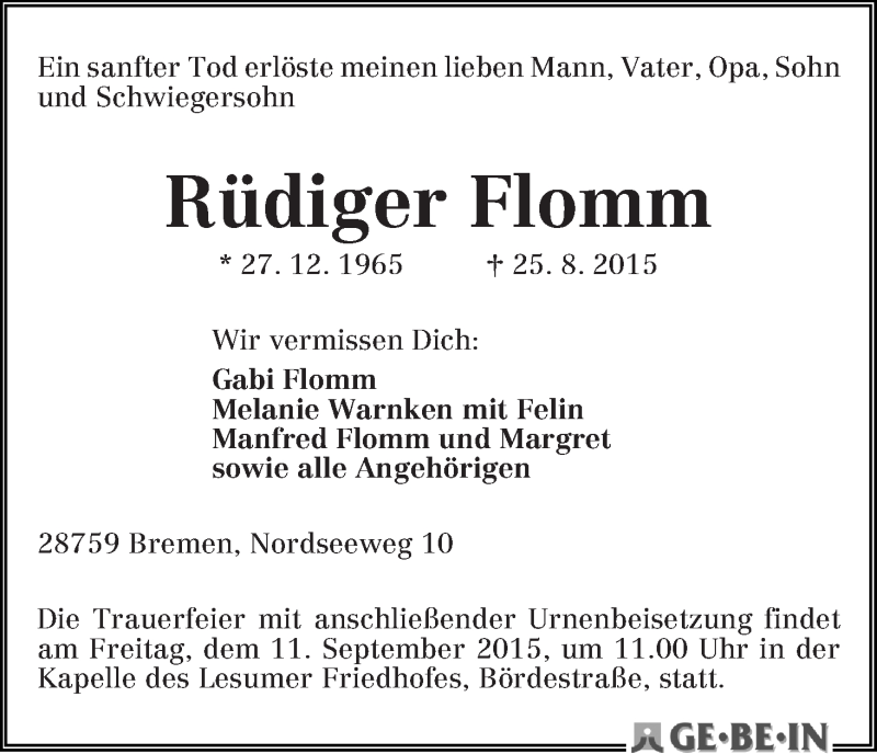 Traueranzeige von Rüdiger Flomm von WESER-KURIER