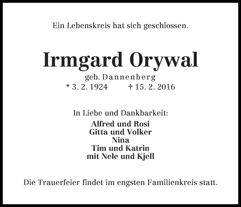 Traueranzeige von Irmgard Orywal von Die Norddeutsche