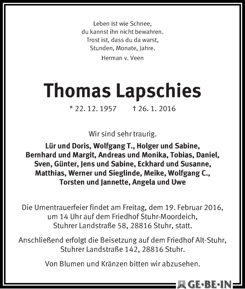 Traueranzeige von Thomas Lapschies von WESER-KURIER